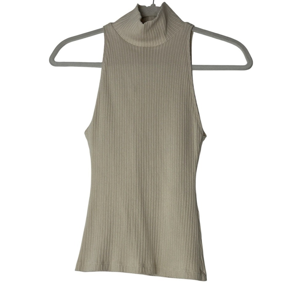 Reformation Top Women's XS Ivory Ribbed Knit Mock Neck Sleeveless Stretch